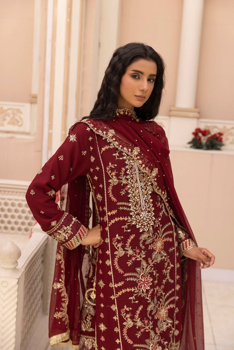 Maria B Inspired Mbroidered Chiffon 3 Piece Wedding Crinkle Sharara Outfit Maroon - Desi Posh