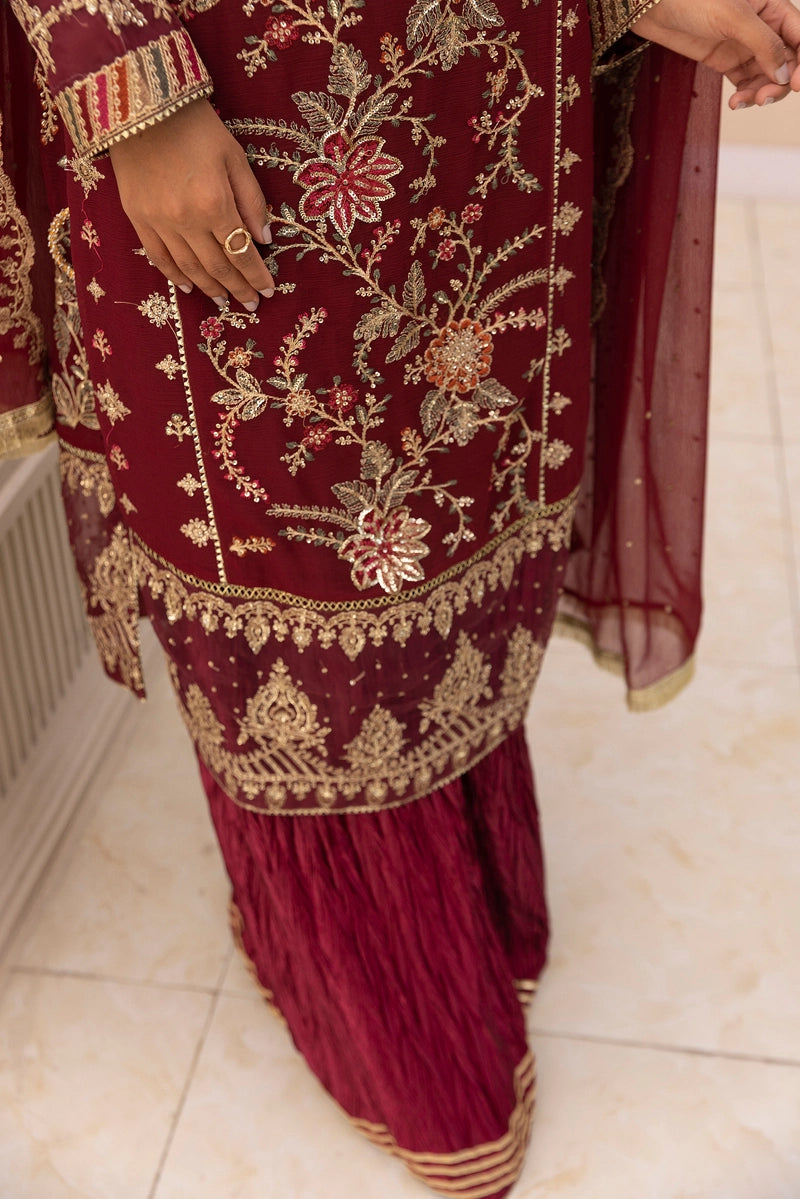 Maria B Inspired Mbroidered Chiffon 3 Piece Wedding Crinkle Sharara Outfit Maroon - Desi Posh