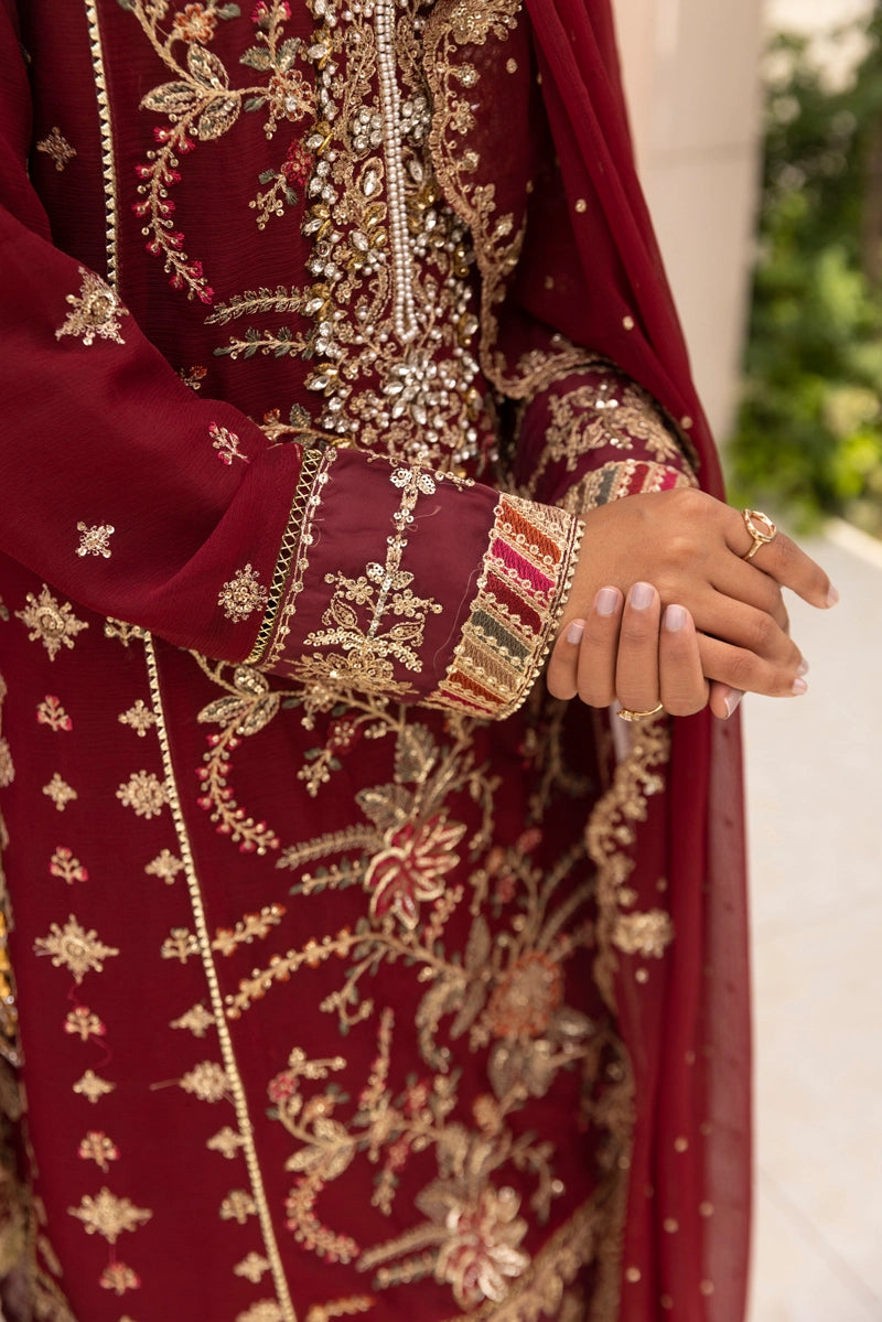 Maria B Inspired Mbroidered Chiffon 3 Piece Wedding Crinkle Sharara Outfit Maroon - Desi Posh
