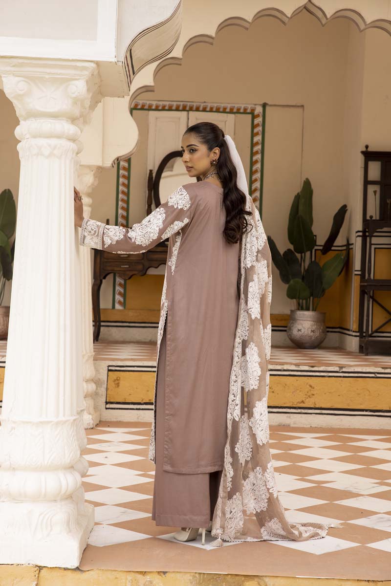 Jannat 3.0 Mocha Ladies 3 Piece Suit With Chiffon Dupatta - Desi Posh