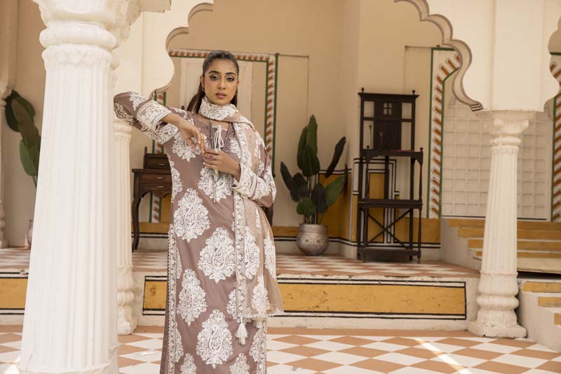 Jannat 3.0 Mocha Ladies 3 Piece Suit With Chiffon Dupatta - Desi Posh