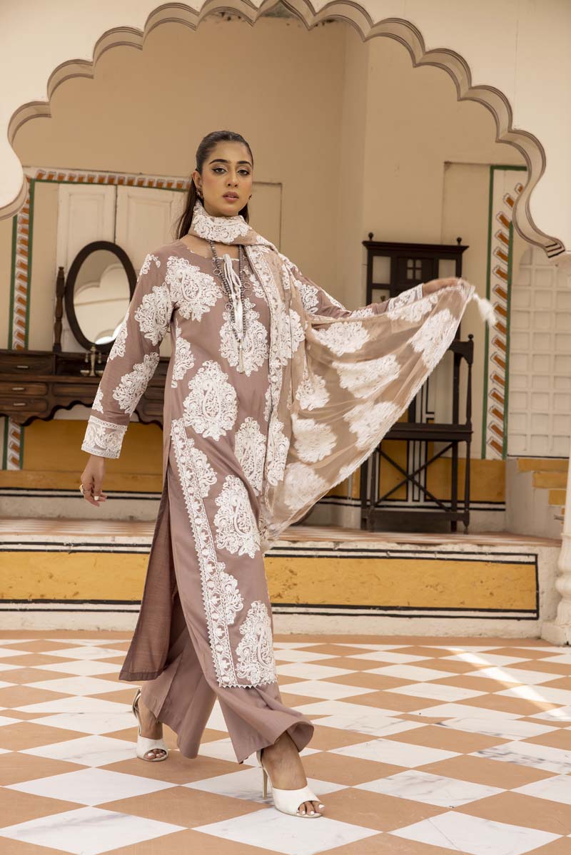 Jannat 3.0 Mocha Ladies 3 Piece Suit With Chiffon Dupatta - Desi Posh