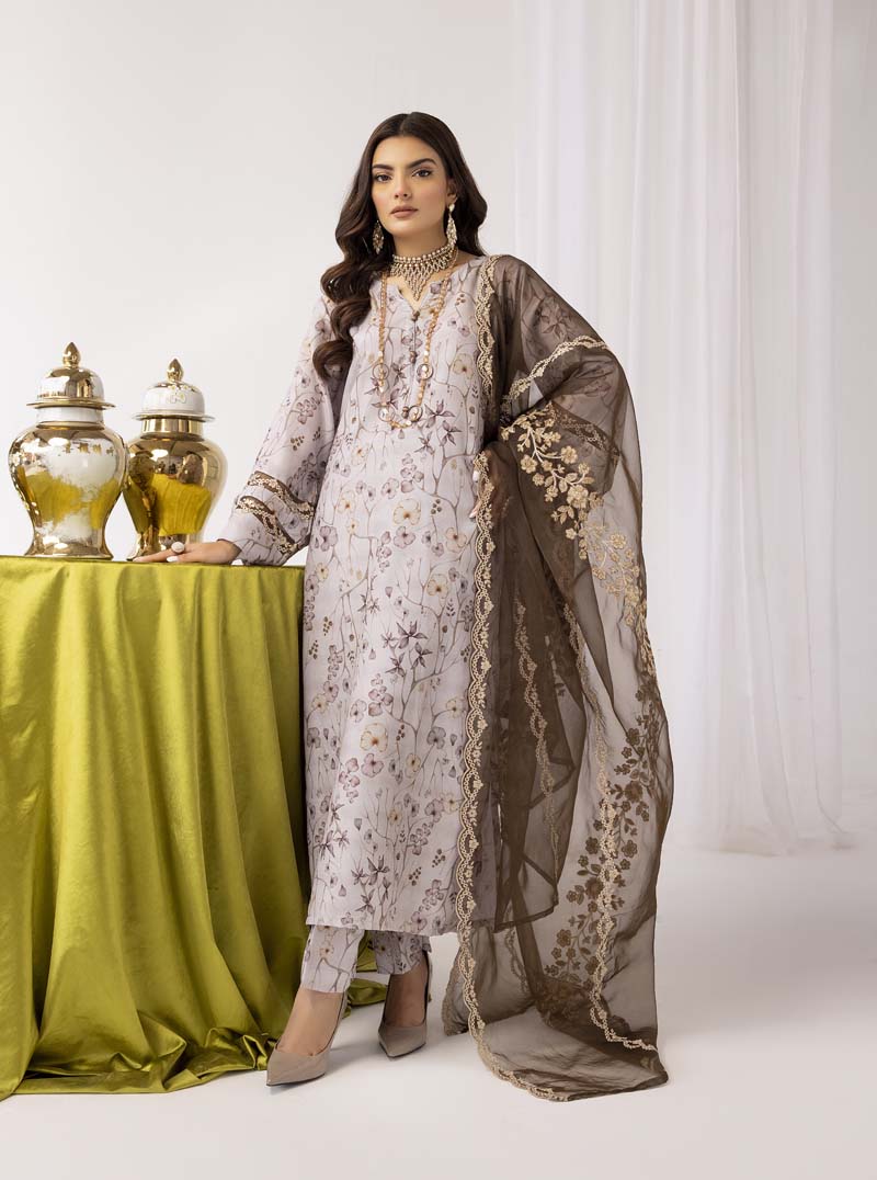 Mohagni Designer Mummy & Me Ladies 3 Piece Lawn Outfit Grey - Desi Posh