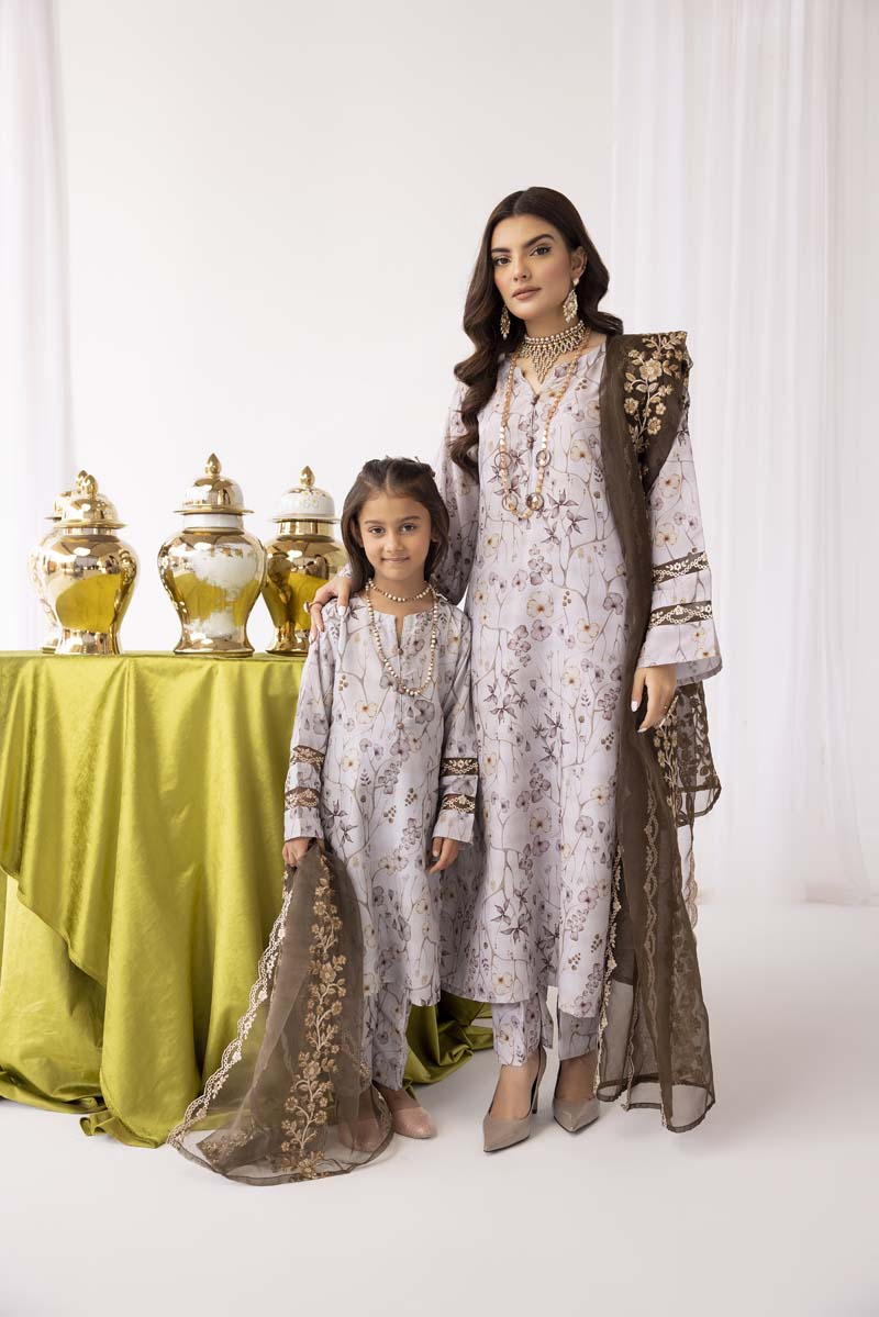 Mohagni Designer Mummy & Me Ladies 3 Piece Lawn Outfit Grey - Desi Posh