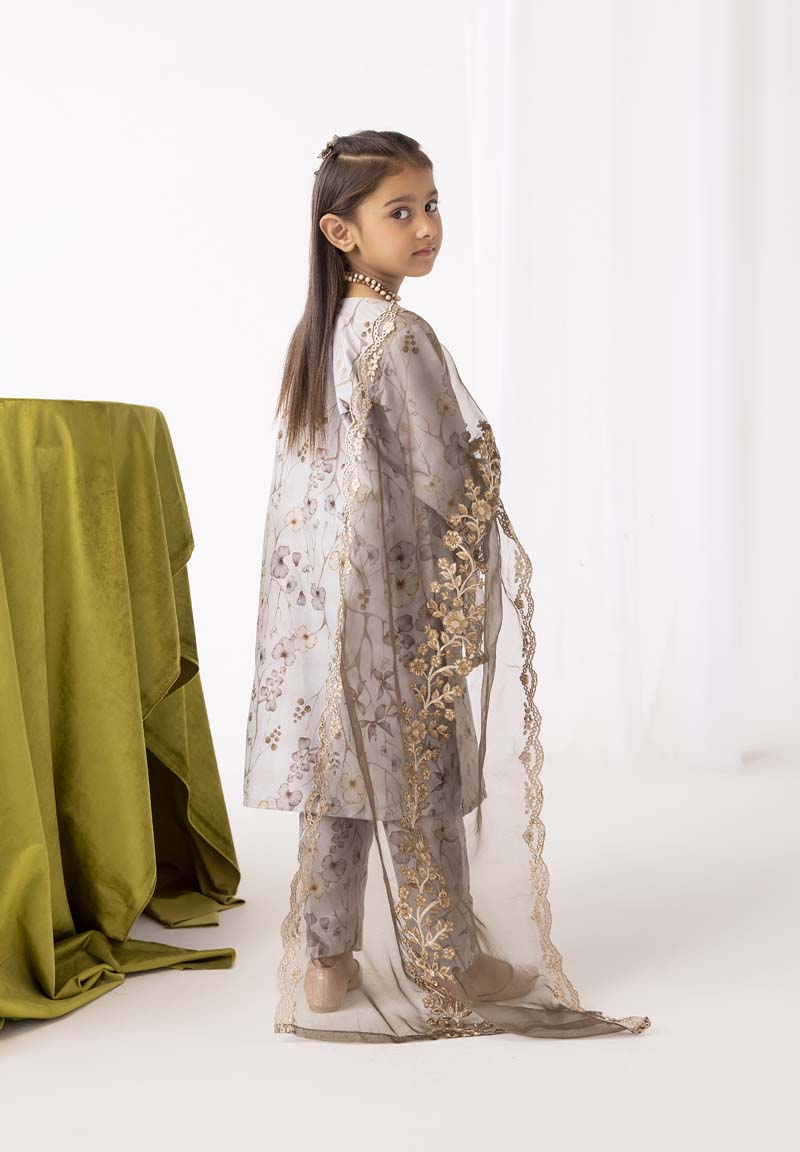 Mohagni Designer Mummy & Me Kids 3 Piece Lawn Outfit Grey - Desi Posh