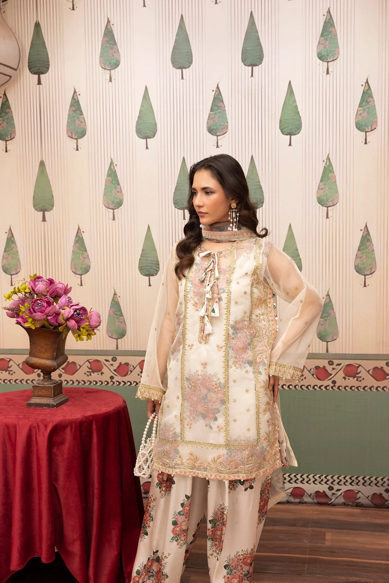 Ethnic Inspired Organza and Silk 4 Piece Suit With Printed Farshi Salwar - Desi Posh