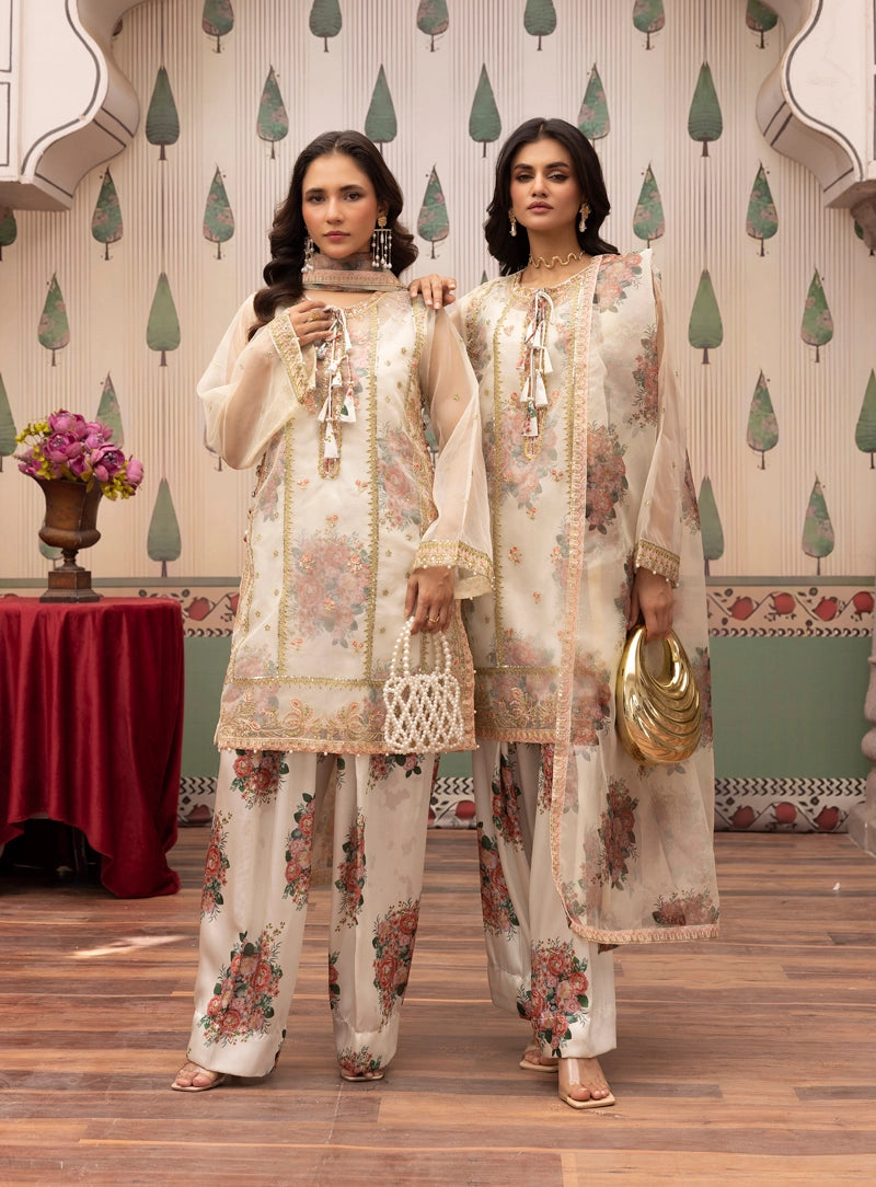 Ethnic Inspired Organza and Silk 4 Piece Suit With Printed Farshi Salwar - Desi Posh