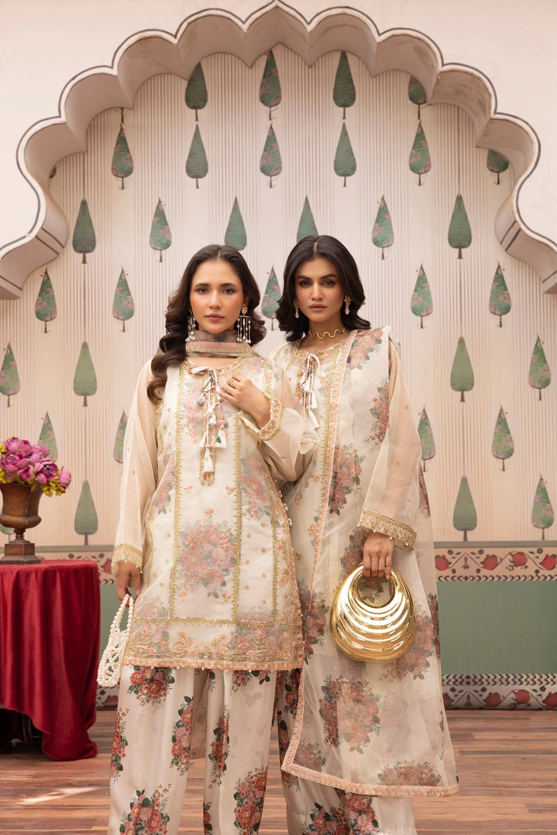 Ethnic Inspired Organza and Silk 4 Piece Suit With Printed Farshi Salwar - Desi Posh