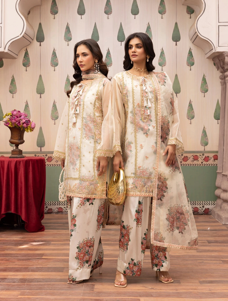 Ethnic Inspired Organza and Silk 4 Piece Suit With Printed Farshi Salwar - Desi Posh