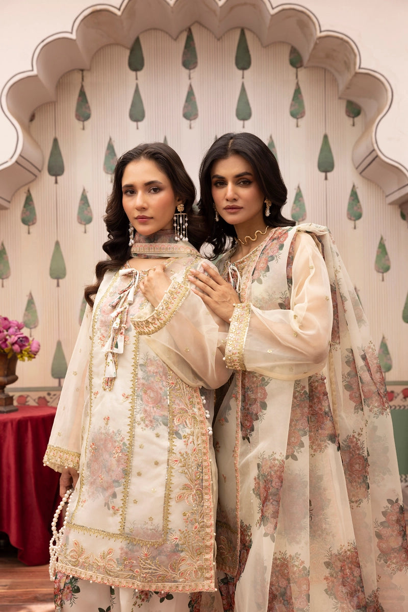 Ethnic Inspired Organza and Silk 4 Piece Suit With Printed Farshi Salwar - Desi Posh