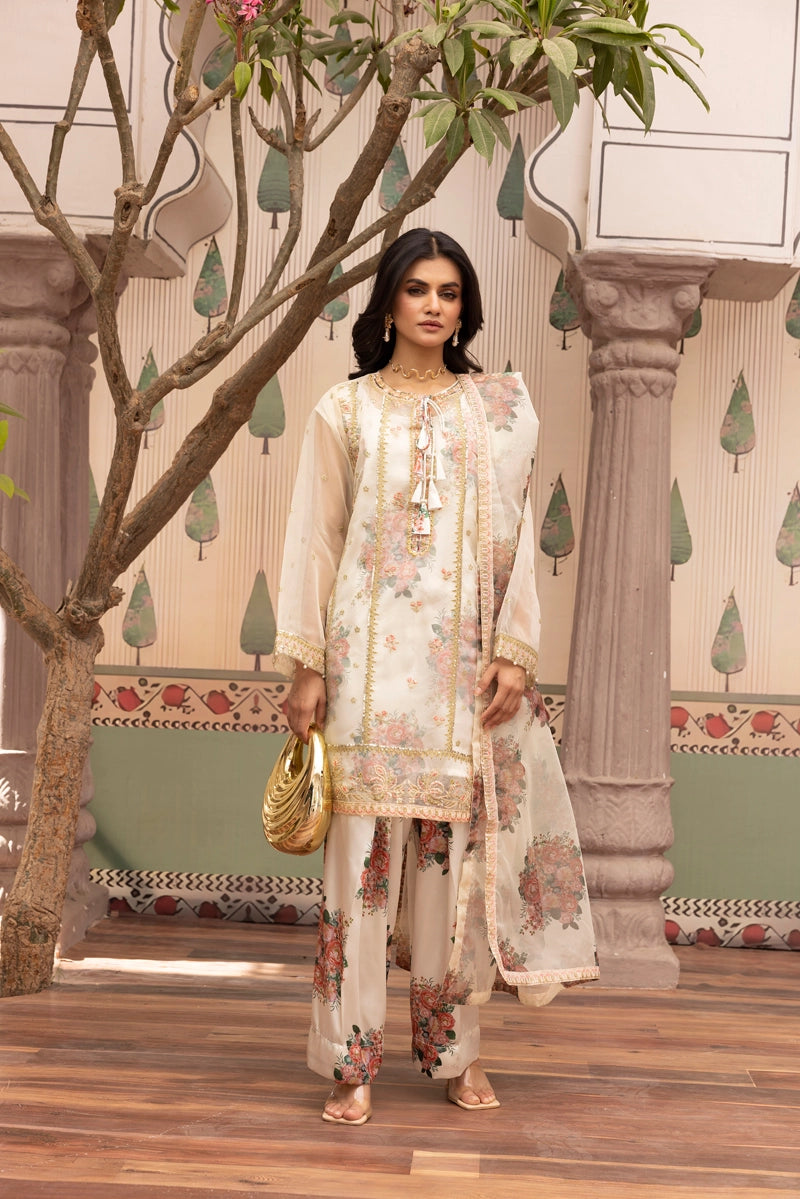 Ethnic Inspired Organza and Silk 4 Piece Suit With Printed Farshi Salwar - Desi Posh