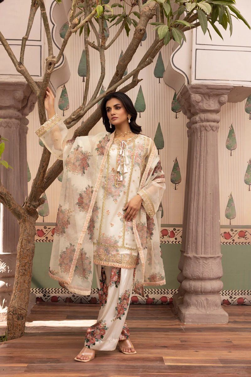 Ethnic Inspired Organza and Silk 4 Piece Suit With Printed Farshi Salwar - Desi Posh