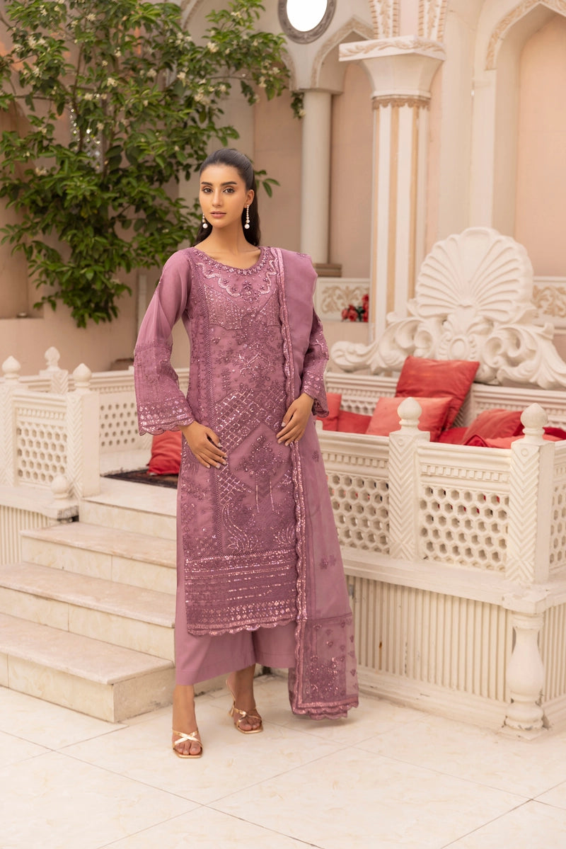 Qalamkar Inspired Embroidered 3 Piece Organza Eid Outfit Dusty Pink - Desi Posh