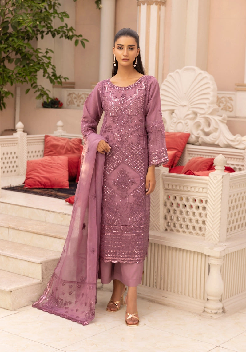 Qalamkar Inspired Embroidered 3 Piece Organza Eid Outfit Dusty Pink - Desi Posh