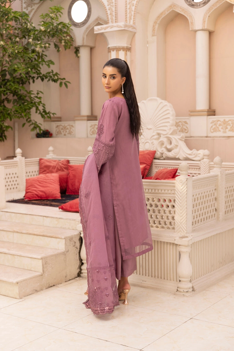 Qalamkar Inspired Embroidered 3 Piece Organza Eid Outfit Dusty Pink - Desi Posh