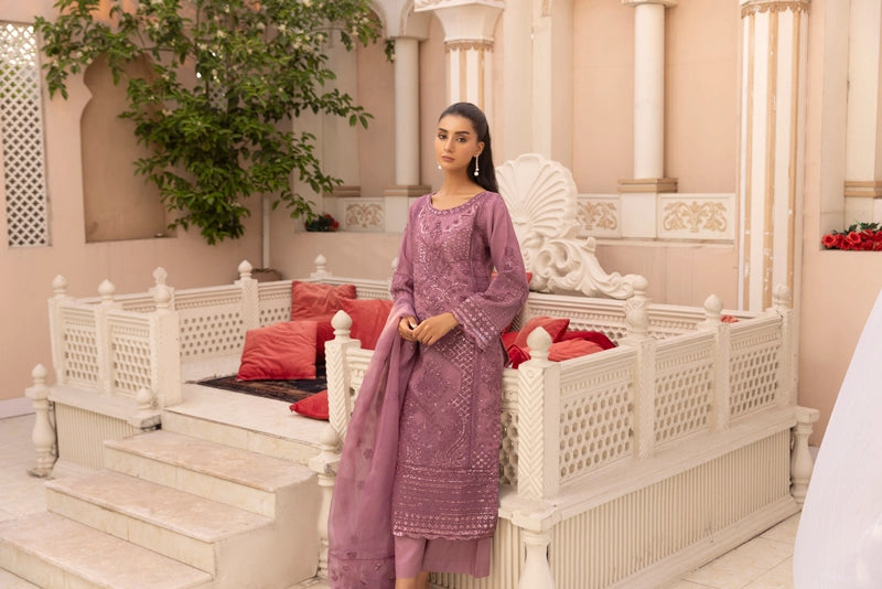 Qalamkar Inspired Embroidered 3 Piece Organza Eid Outfit Dusty Pink - Desi Posh