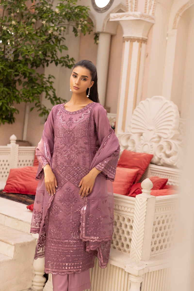 Qalamkar Inspired Embroidered 3 Piece Organza Eid Outfit Dusty Pink - Desi Posh