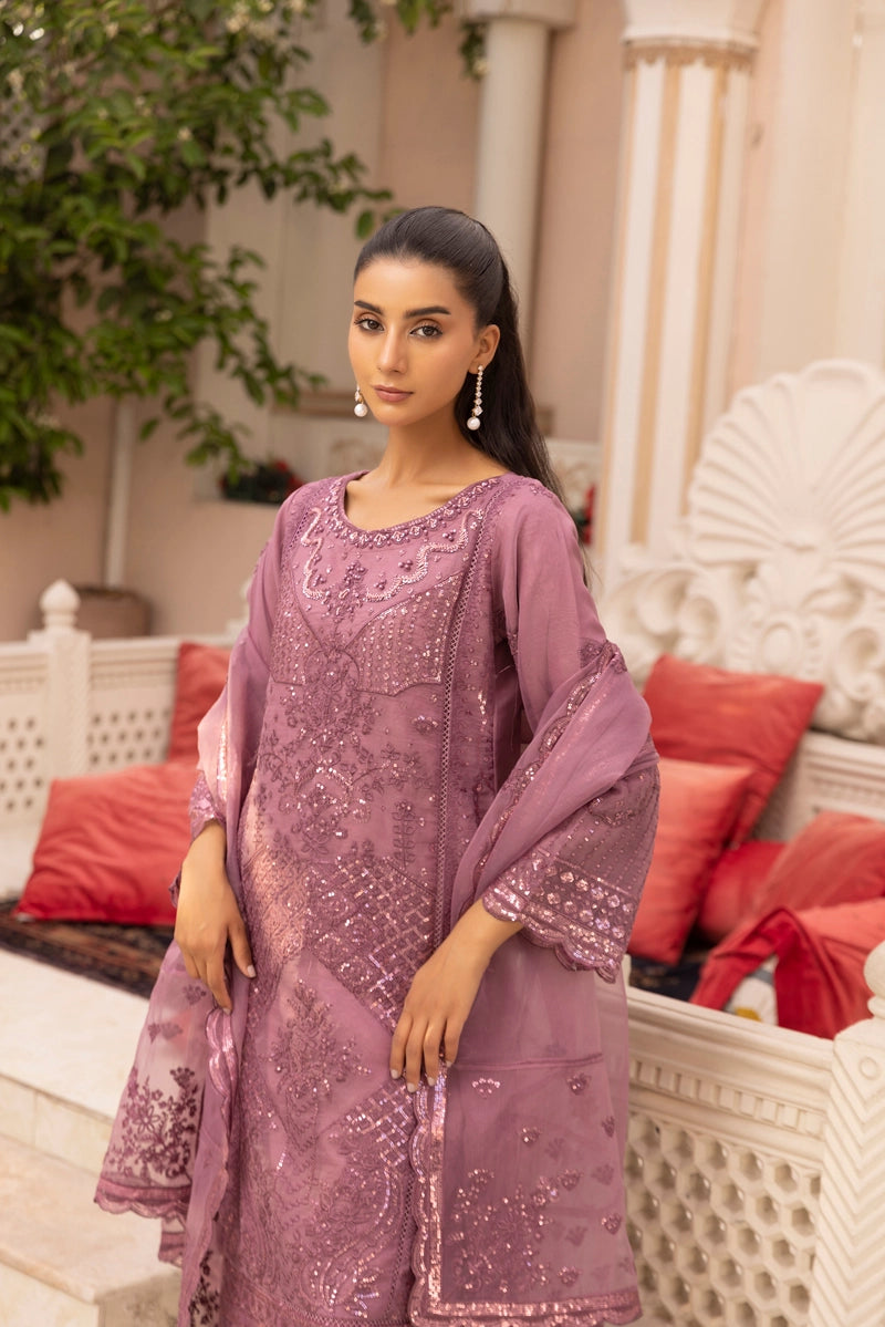 Qalamkar Inspired Embroidered 3 Piece Organza Eid Outfit Dusty Pink - Desi Posh