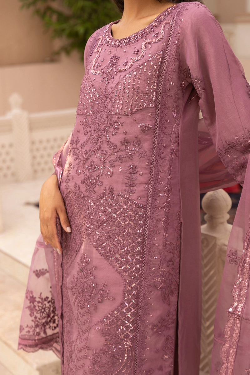Qalamkar Inspired Embroidered 3 Piece Organza Eid Outfit Dusty Pink - Desi Posh