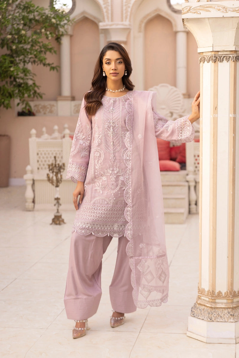 Qalamkar Farshi Salwar Inspired Embroidered 3 Piece Organza Eid Outfit Light Lilac - Desi Posh