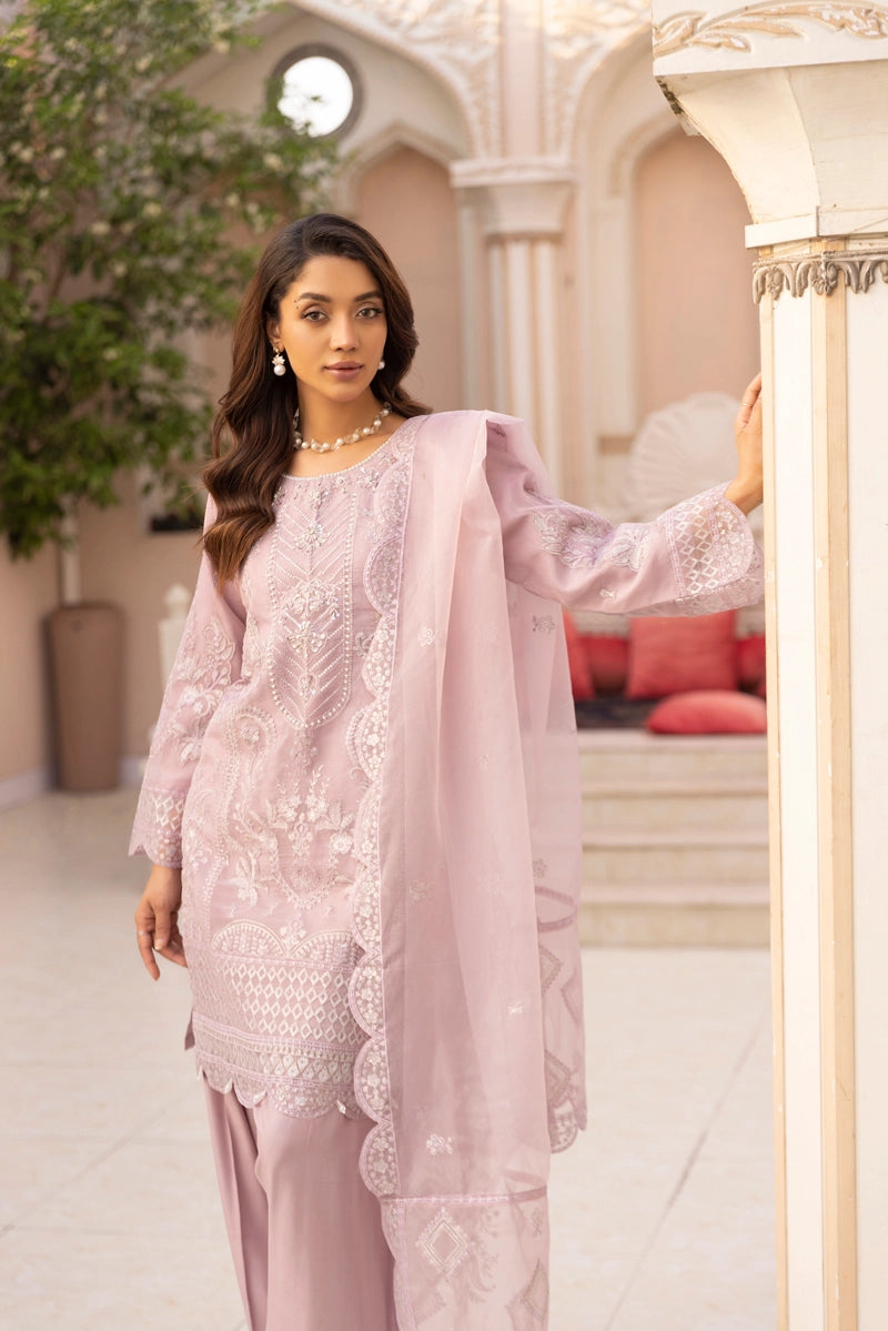 Qalamkar Farshi Salwar Inspired Embroidered 3 Piece Organza Eid Outfit Light Lilac - Desi Posh