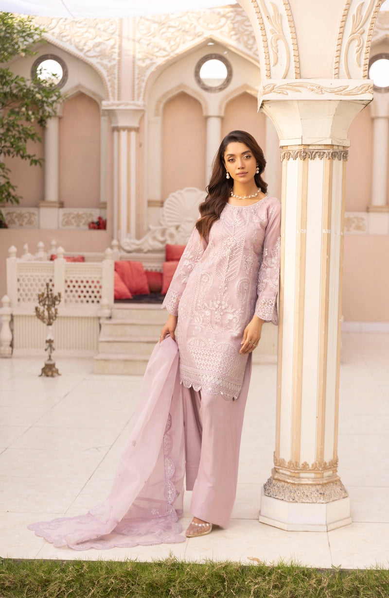 Qalamkar Farshi Salwar Inspired Embroidered 3 Piece Organza Eid Outfit Light Lilac - Desi Posh