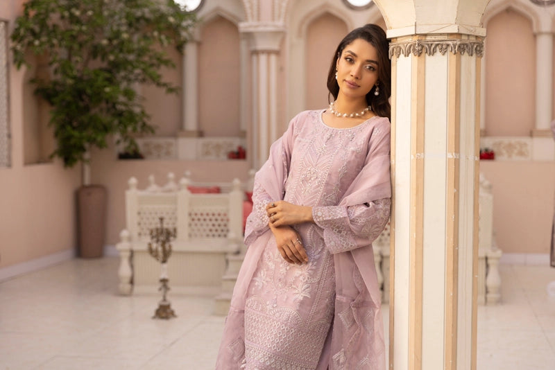 Qalamkar Farshi Salwar Inspired Embroidered 3 Piece Organza Eid Outfit Light Lilac - Desi Posh
