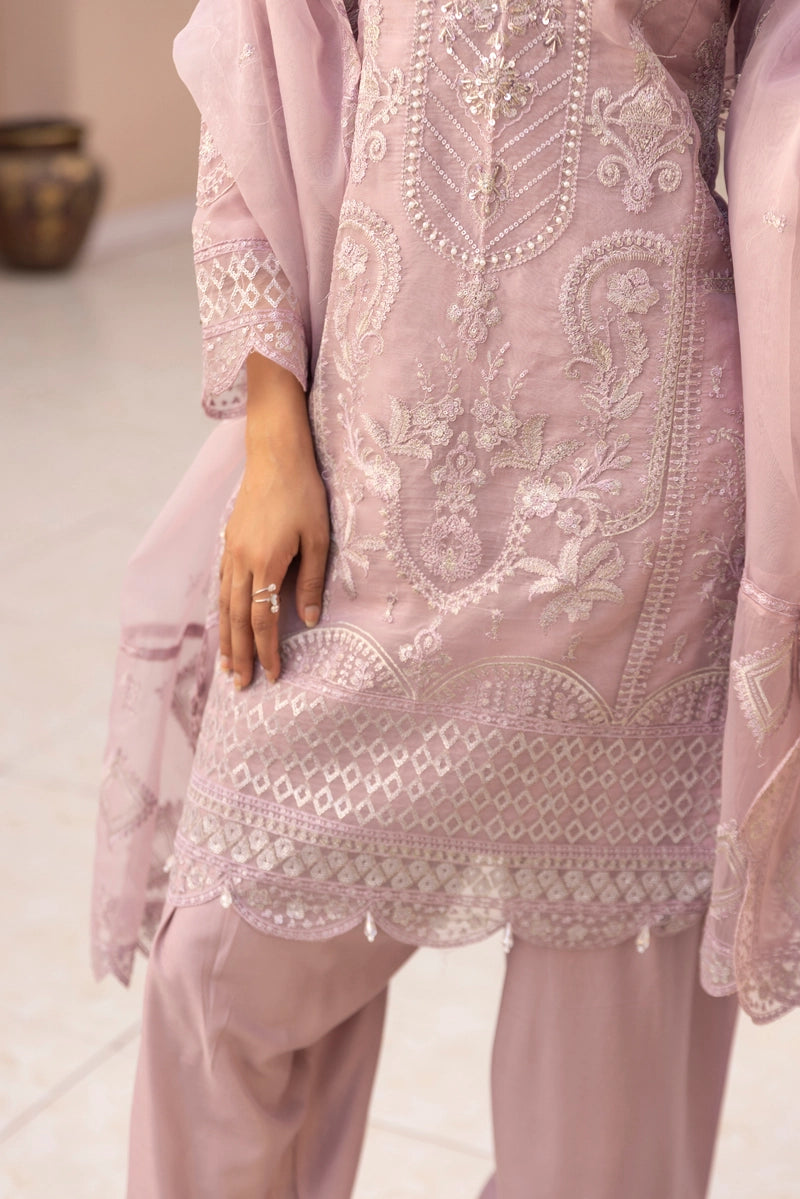 Qalamkar Farshi Salwar Inspired Embroidered 3 Piece Organza Eid Outfit Light Lilac - Desi Posh