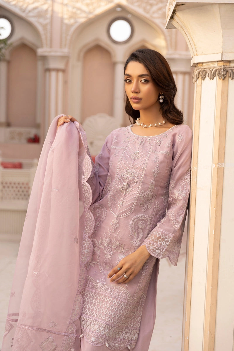 Qalamkar Farshi Salwar Inspired Embroidered 3 Piece Organza Eid Outfit Light Lilac - Desi Posh