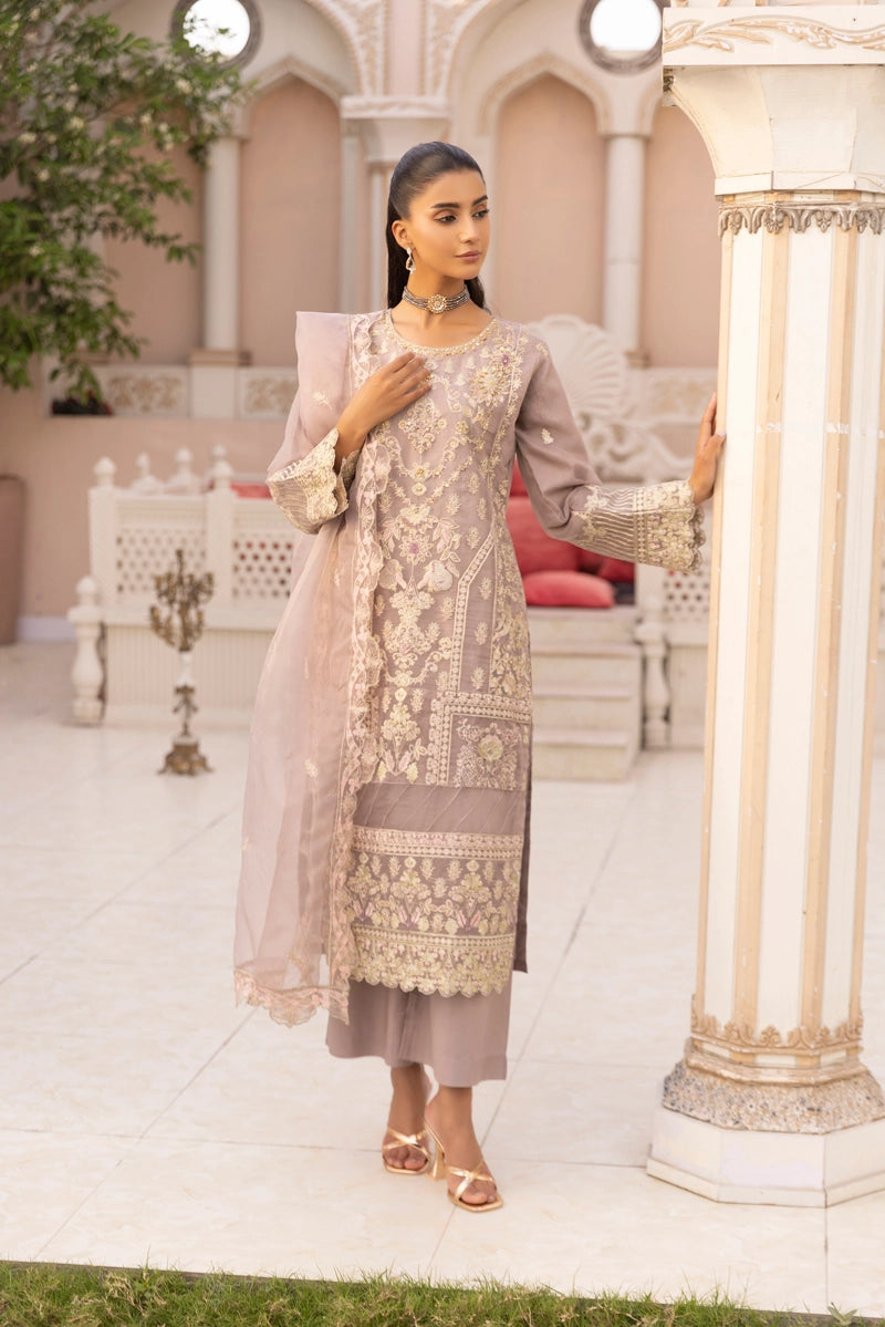 Qalamkar Inspired Embroidered 3 Piece Organza Eid Outfit Lilac - Desi Posh