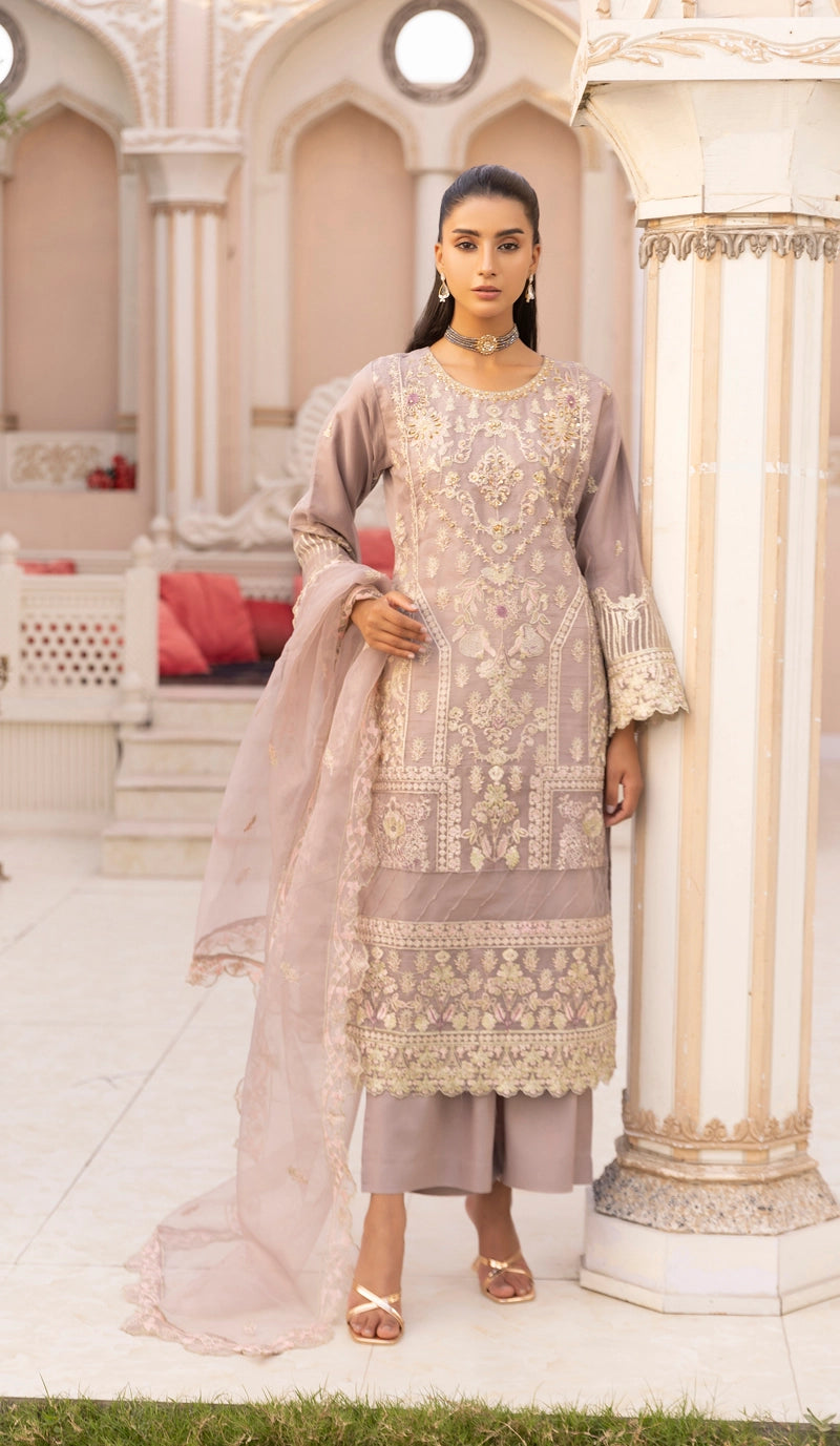 Qalamkar Inspired Embroidered 3 Piece Organza Eid Outfit Lilac - Desi Posh