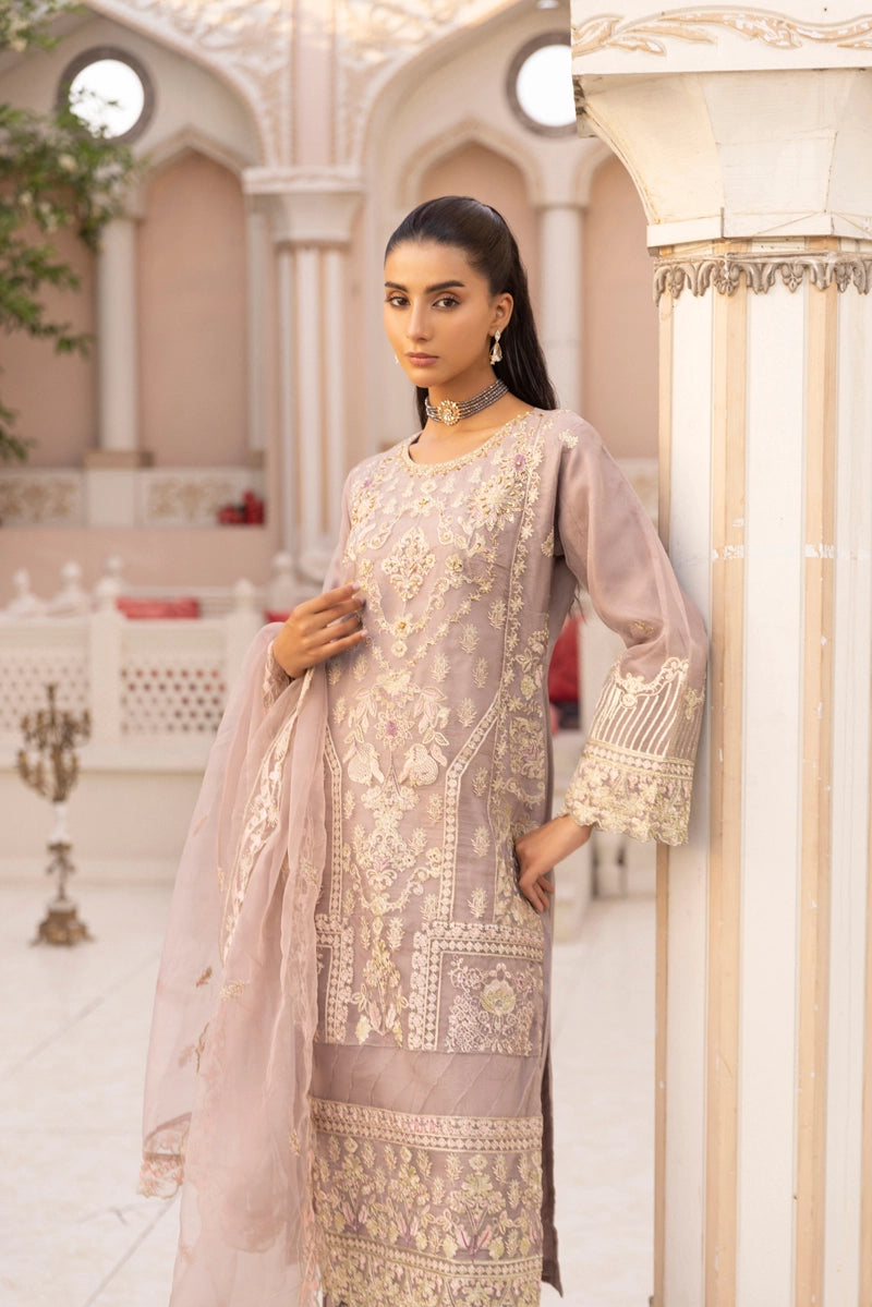 Qalamkar Inspired Embroidered 3 Piece Organza Eid Outfit Lilac - Desi Posh