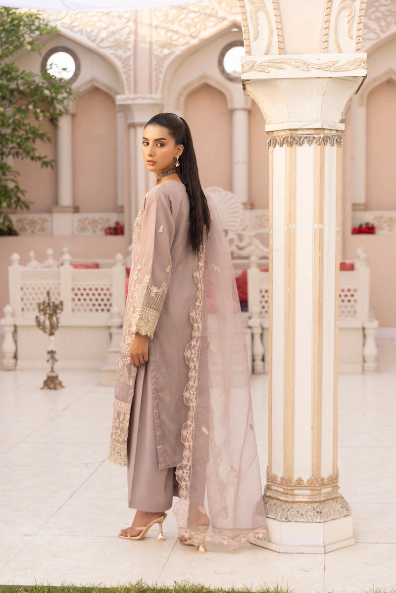 Qalamkar Inspired Embroidered 3 Piece Organza Eid Outfit Lilac - Desi Posh