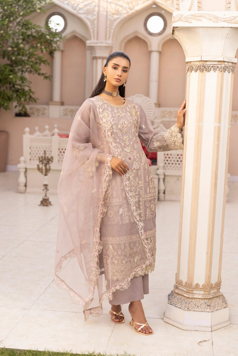 Qalamkar Inspired Embroidered 3 Piece Organza Eid Outfit Lilac - Desi Posh