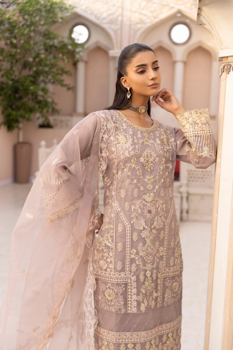 Qalamkar Inspired Embroidered 3 Piece Organza Eid Outfit Lilac - Desi Posh