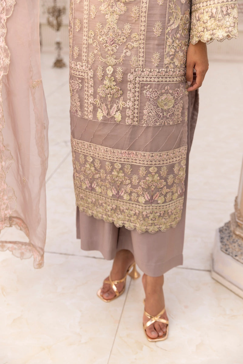 Qalamkar Inspired Embroidered 3 Piece Organza Eid Outfit Lilac - Desi Posh