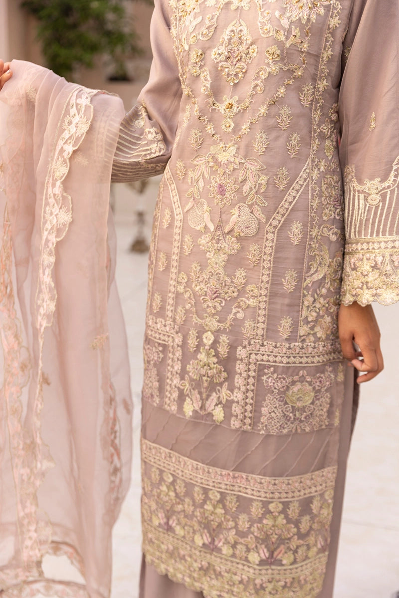 Qalamkar Inspired Embroidered 3 Piece Organza Eid Outfit Lilac - Desi Posh