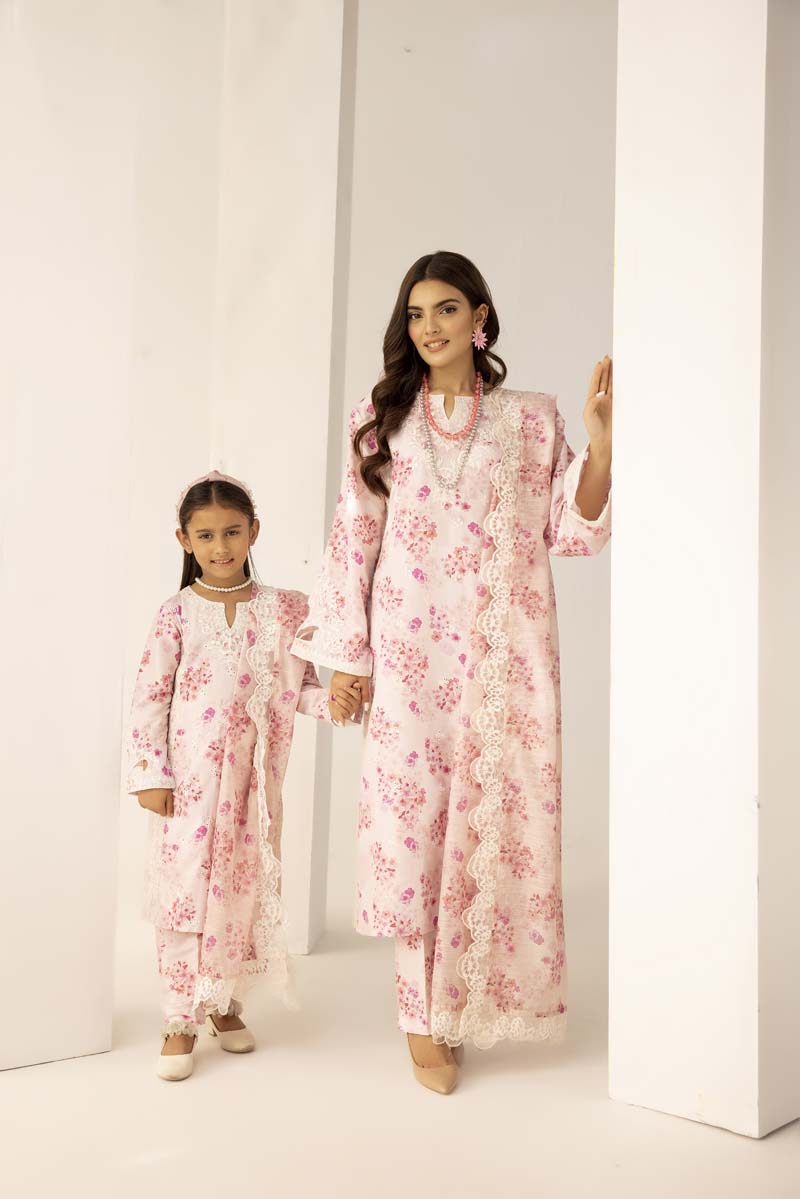 Mohagni Designer Mummy & Me Ladies 3 Piece Lawn Outfit Pink - Desi Posh