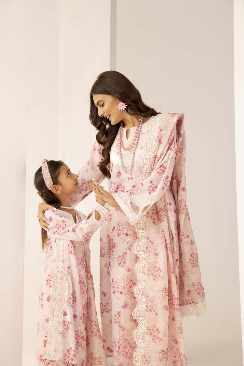 Mohagni Designer Mummy & Me Ladies 3 Piece Lawn Outfit Pink - Desi Posh
