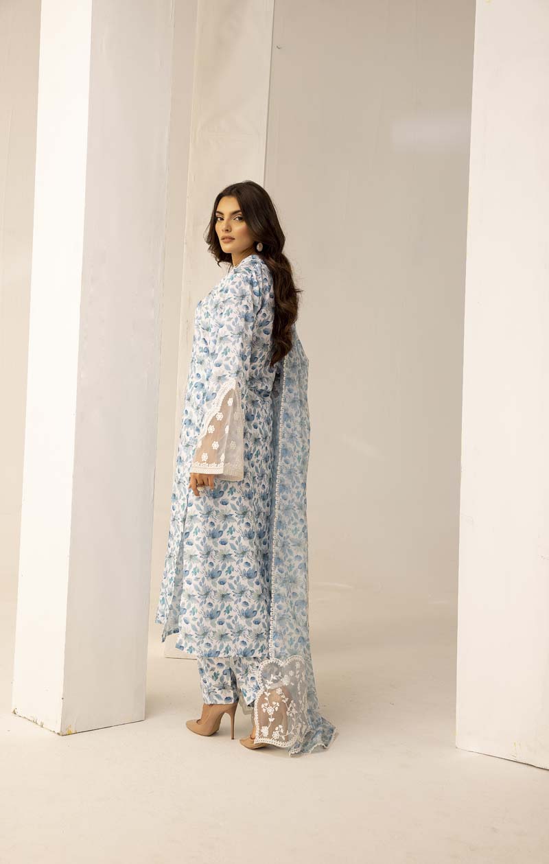 Mohagni Designer Mummy & Me Ladies 3 Piece Lawn Outfit White & Blue - Desi Posh