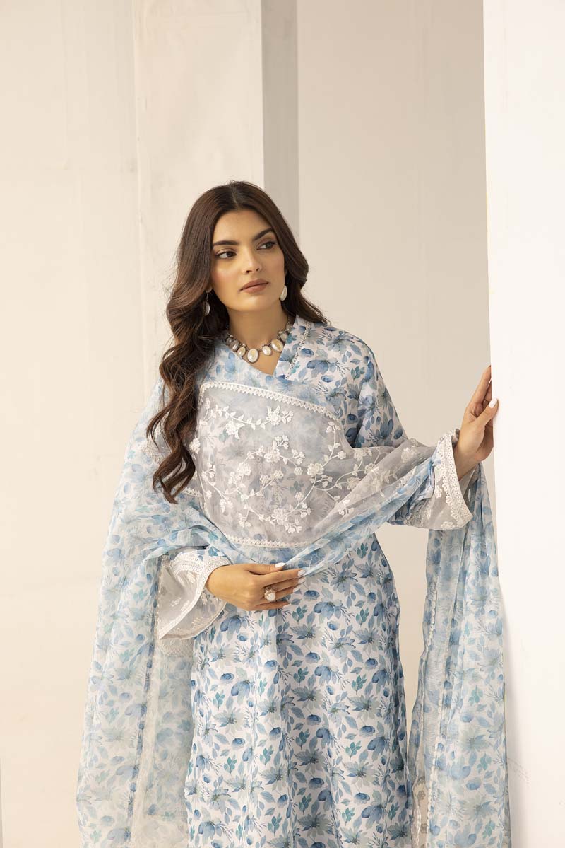Mohagni Designer Mummy & Me Ladies 3 Piece Lawn Outfit White & Blue - Desi Posh