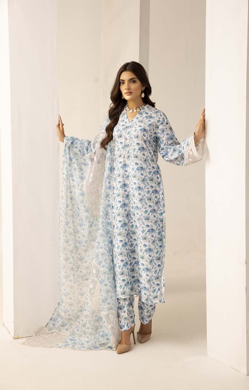 Mohagni Designer Mummy & Me Ladies 3 Piece Lawn Outfit White & Blue - Desi Posh