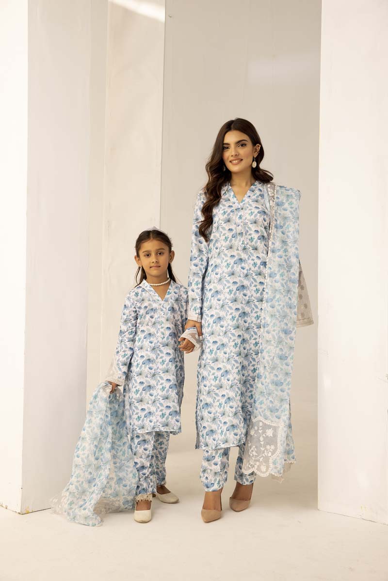 Mohagni Designer Mummy & Me Ladies 3 Piece Lawn Outfit White & Blue - Desi Posh