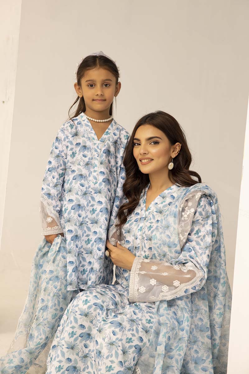 Mohagni Designer Mummy & Me Ladies 3 Piece Lawn Outfit White & Blue - Desi Posh
