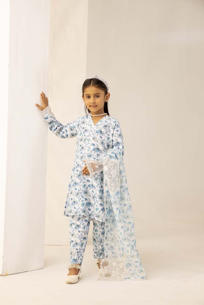 Mohagni Designer Mummy & Me Kids 3 Piece Lawn Outfit White & Blue - Desi Posh