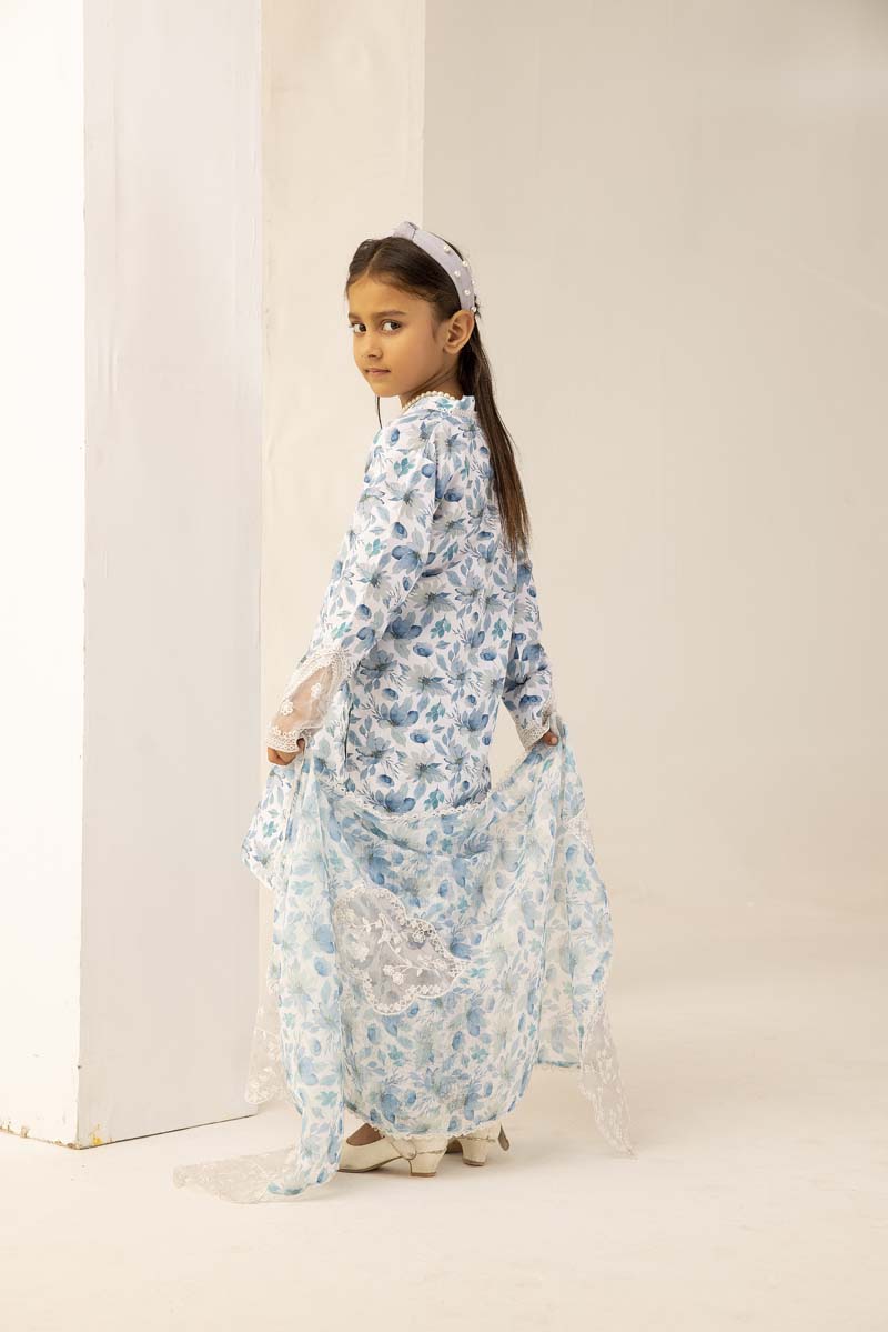 Mohagni Designer Mummy & Me Kids 3 Piece Lawn Outfit White & Blue - Desi Posh
