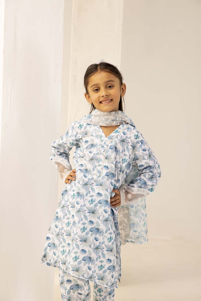 Mohagni Designer Mummy & Me Kids 3 Piece Lawn Outfit White & Blue - Desi Posh