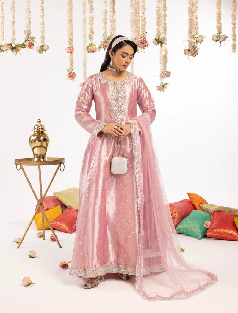 Hussain Rehar Inspired Raw Silk 3 Piece Pink Long Dress Outfit