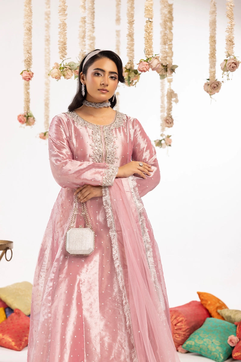 Hussain Rehar Inspired Raw Silk 3 Piece Pink Long Dress Outfit
