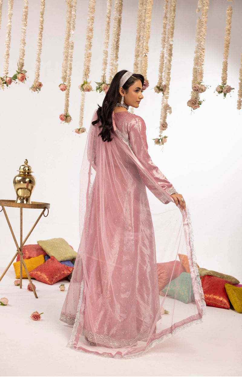Hussain Rehar Inspired Raw Silk 3 Piece Pink Long Dress Outfit